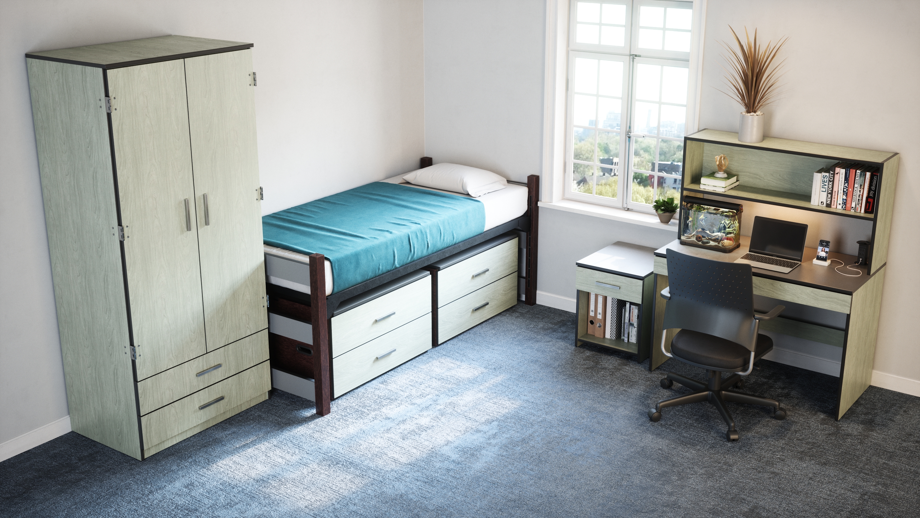 dormitory bedroom with dresser, bed, nightstand, and desk